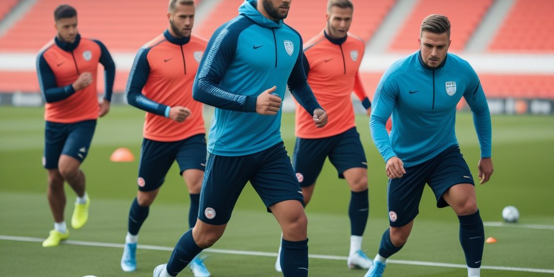 Leonardo_Phoenix_10_Ein_motivierendes_und_dynamisches_Bild_ein_2 Fußballteam bei der intensiven Saisonvorbereitung in der Landesliga: Spieler trainieren Ausdauer, Schnelligkeit und Taktik auf dem Fußballplatz