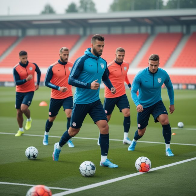 Fußballteam bei der intensiven Saisonvorbereitung in der Landesliga: Spieler trainieren Ausdauer, Schnelligkeit und Taktik auf dem Fußballplatz