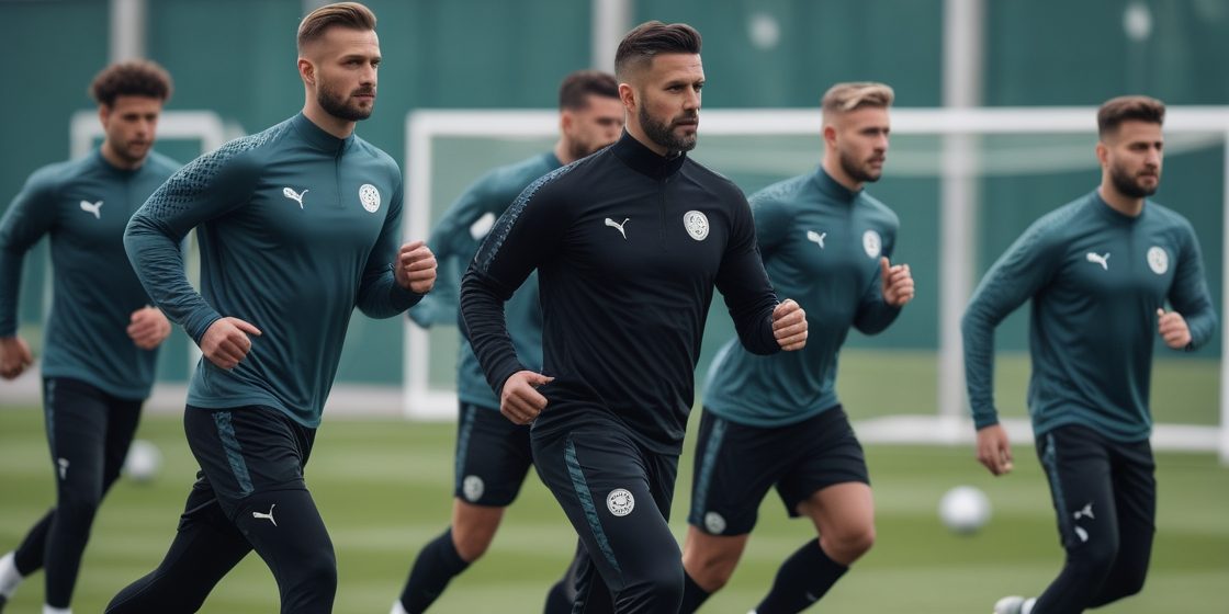 Leonardo_Phoenix_10_Ein_motiviertes_Fuballteam_das_sich_auf_ei_0 Fußballspieler einer Kreisklasse-Mannschaft führen auf einem Trainingsplatz Übungen zur Verbesserung der fußballspezifischen Ausdauer und Schnellkraft durch, während ihr Trainer sie anleitet. Das Bild vermittelt Teamarbeit, Fokus und die körperliche Belastung eines professionellen Trainings für die Saisonvorbereitung.