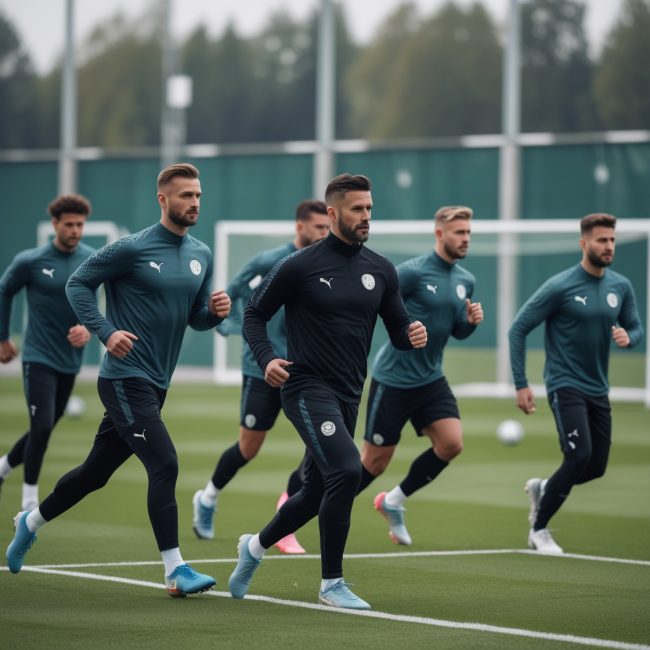 Fußballspieler einer Kreisklasse-Mannschaft führen auf einem Trainingsplatz Übungen zur Verbesserung der fußballspezifischen Ausdauer und Schnellkraft durch, während ihr Trainer sie anleitet. Das Bild vermittelt Teamarbeit, Fokus und die körperliche Belastung eines professionellen Trainings für die Saisonvorbereitung.