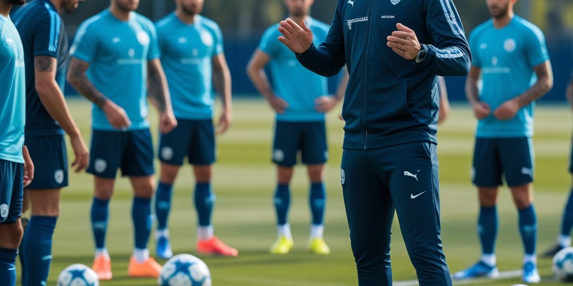 Leonardo_Phoenix_10_Ein_Fuballtrainer_der_seinen_Amateurspiele_1 Ein Fußballtrainer gibt seinen Amateurspielern Anweisungen während eines Trainings. Die Spieler führen Dehn- und Aufwärmübungen durch, um Verletzungen vorzubeugen. Die Atmosphäre ist konzentriert und teamorientiert.