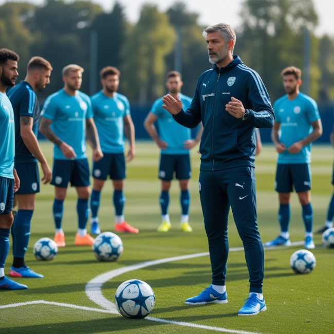 Ein Fußballtrainer gibt seinen Amateurspielern Anweisungen während eines Trainings. Die Spieler führen Dehn- und Aufwärmübungen durch, um Verletzungen vorzubeugen. Die Atmosphäre ist konzentriert und teamorientiert.