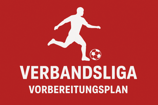 Verbandsliga Fußball Vorbereitungsplan – digitaler Trainingsplan für Amateurmannschaften mit rotem Hintergrund und Spieler-Silhouette