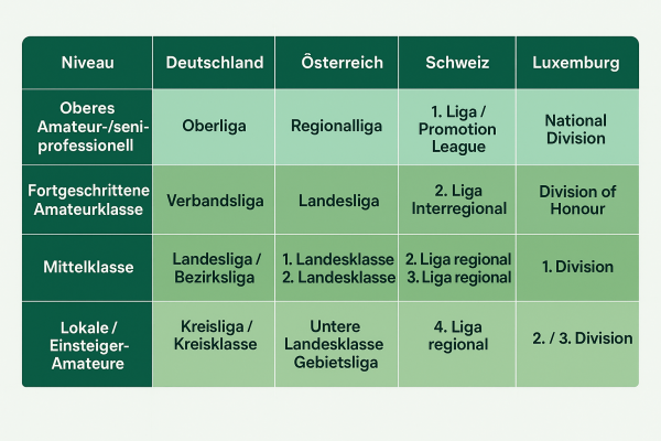 Tabelle zur Zuordnung von Fußball-Vorbereitungsplänen für Amateur- und Semi-Profi-Ligen in Deutschland, Österreich, Schweiz und Luxemburg. Zeigt Niveau, Liga in jedem Land und den passenden Vorbereitungsplan