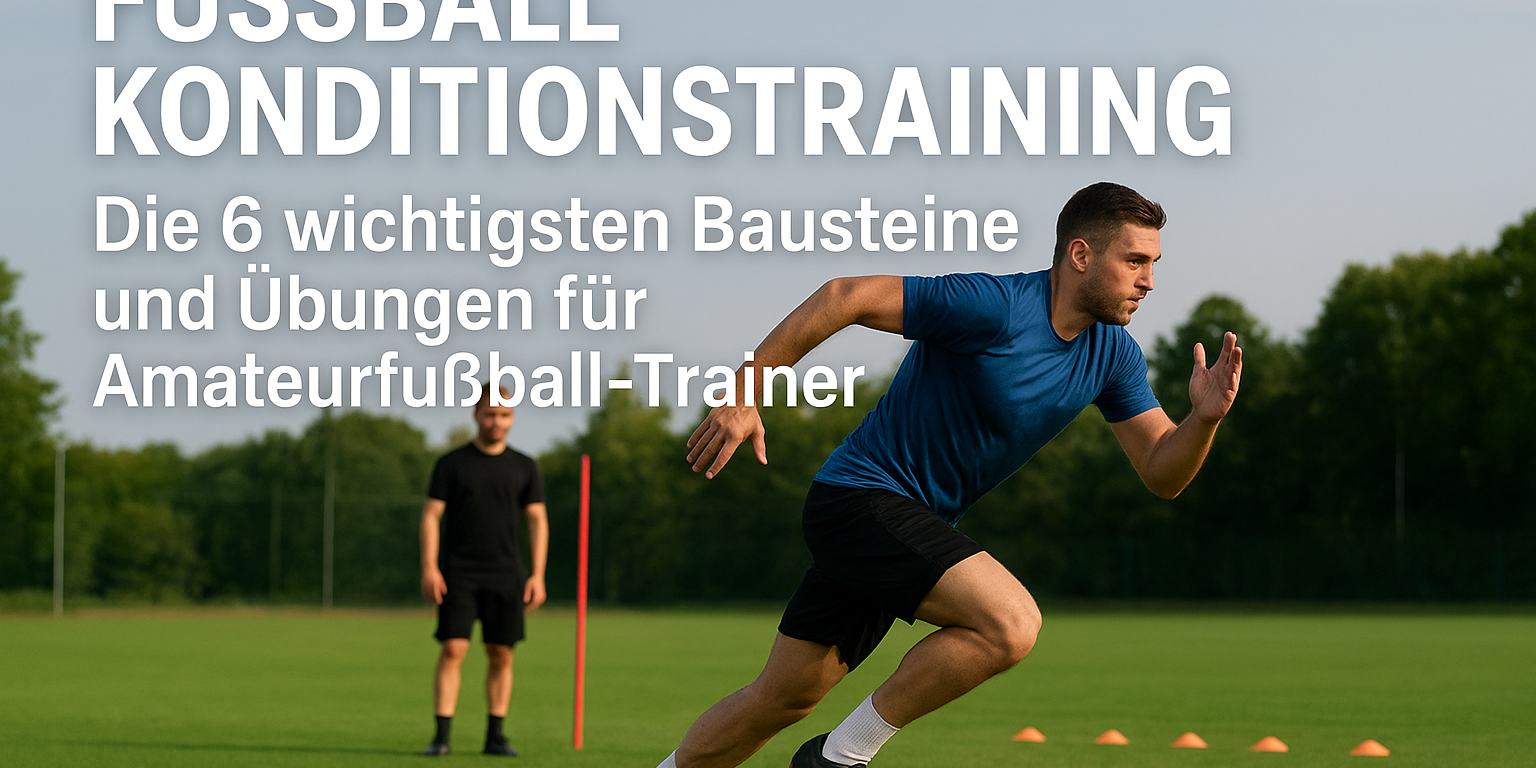Fußball Konditionstraining – Die 6 wichtigsten Bausteine Fußballtrainer leitet Amateurspieler beim Konditionstraining auf dem Spielfeld mit Hütchen, Sprint- und Sprungübungen an, Fokus auf Ausdauer und Explosivkraft.