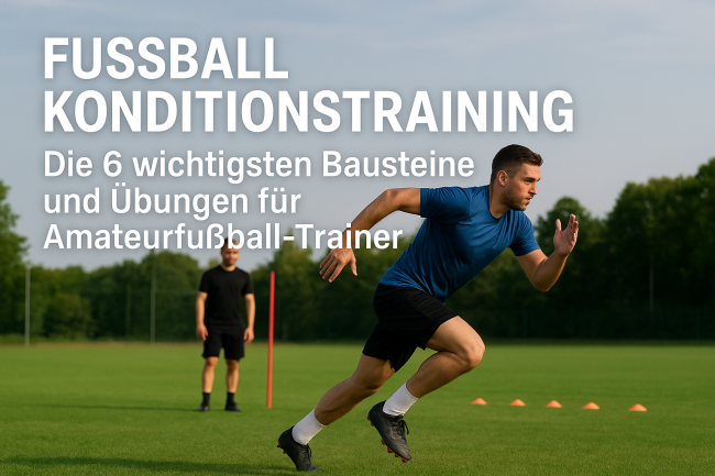 Fußballtrainer leitet Amateurspieler beim Konditionstraining auf dem Spielfeld mit Hütchen, Sprint- und Sprungübungen an, Fokus auf Ausdauer und Explosivkraft.