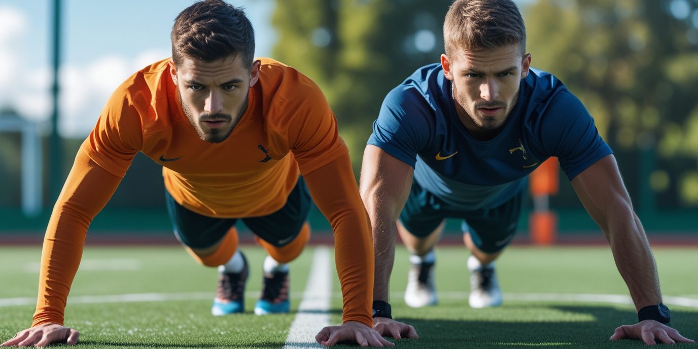 Zwei Amateur-Fußballspieler führen auf einem grünen Spielfeld Liegestütze als Teil eines Kraftausdauertrainings durch, zeigen Action, Fokus und Teamgeist.