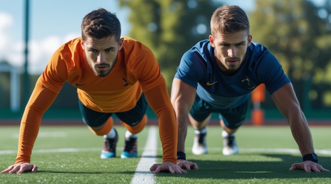 Zwei Amateur-Fußballspieler führen auf einem grünen Spielfeld Liegestütze als Teil eines Kraftausdauertrainings durch, zeigen Action, Fokus und Teamgeist.
