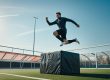 Amateurfußballer beim explosiven Sprung auf eine Trainingsbox während plyometrischem Training auf dem Fußballplatz.