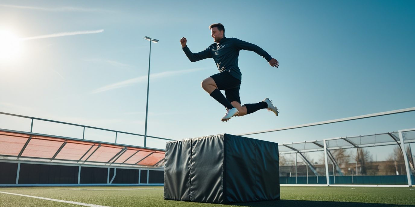 Explosivkraft Fußball: Plyometrisches Training für Amateurspieler Amateurfußballer beim explosiven Sprung auf eine Trainingsbox während plyometrischem Training auf dem Fußballplatz.