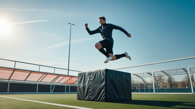 Amateurfußballer beim explosiven Sprung auf eine Trainingsbox während plyometrischem Training auf dem Fußballplatz.