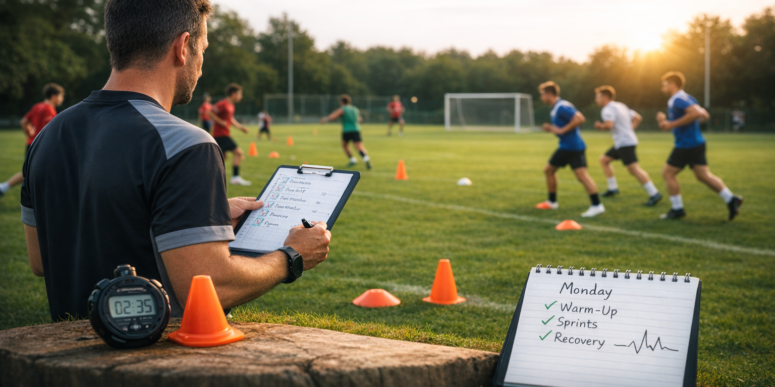 Amateur-Fußballtrainer steuert die Trainingsbelastung während der Saisonvorbereitung auf dem Fußballplatz