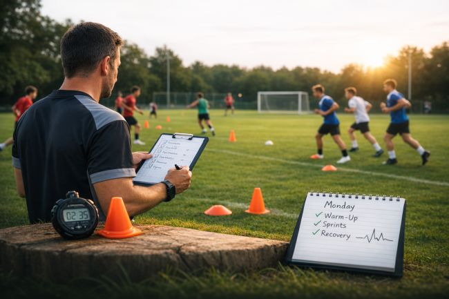 Amateur-Fußballtrainer steuert die Trainingsbelastung während der Saisonvorbereitung auf dem Fußballplatz