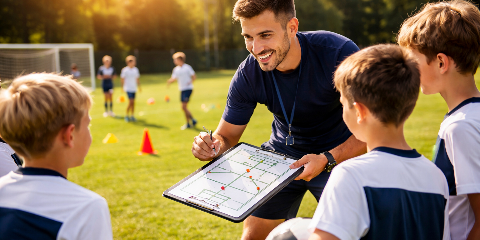 Jugendfußball Vorbereitung im Training mit Trainer Jugendfußball Training in der Vorbereitung mit Trainer und Spielern auf dem Platz