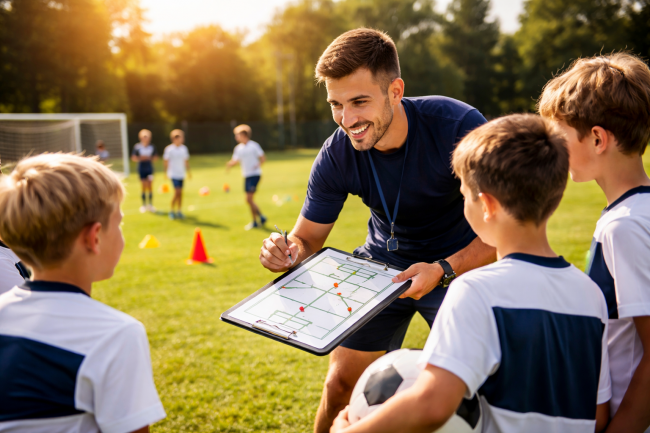 Jugendfußball Training in der Vorbereitung mit Trainer und Spielern auf dem Platz