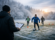 Trainer beobachtet Wintertraining einer Amateur-Fußballmannschaft auf gefrorenem Rasenplatz