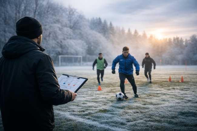 Trainer beobachtet Wintertraining einer Amateur-Fußballmannschaft auf gefrorenem Rasenplatz