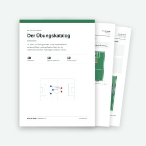 Übungskatalog Fußball: Titelseite und zwei Übungsblätter mit Spielfeldskizzen